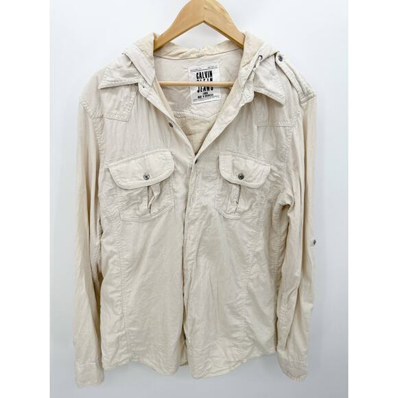 Calvin Klein Jeans Cream Hooded Button Up Shirt Lock & Keys Men's Size Large - Picture 1 of 8